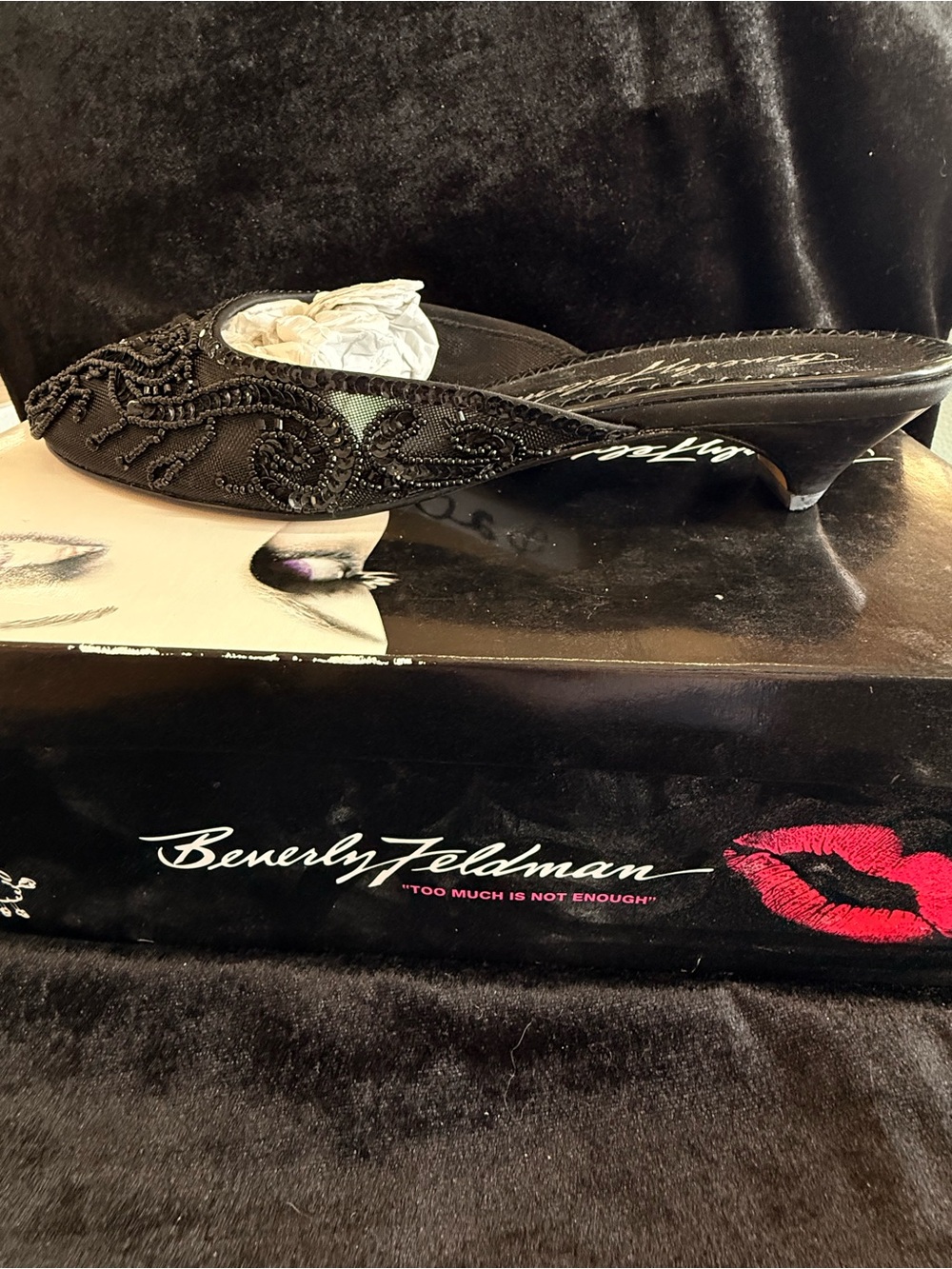 Beverly Feldman Black Beaded Kitten Heel Mule